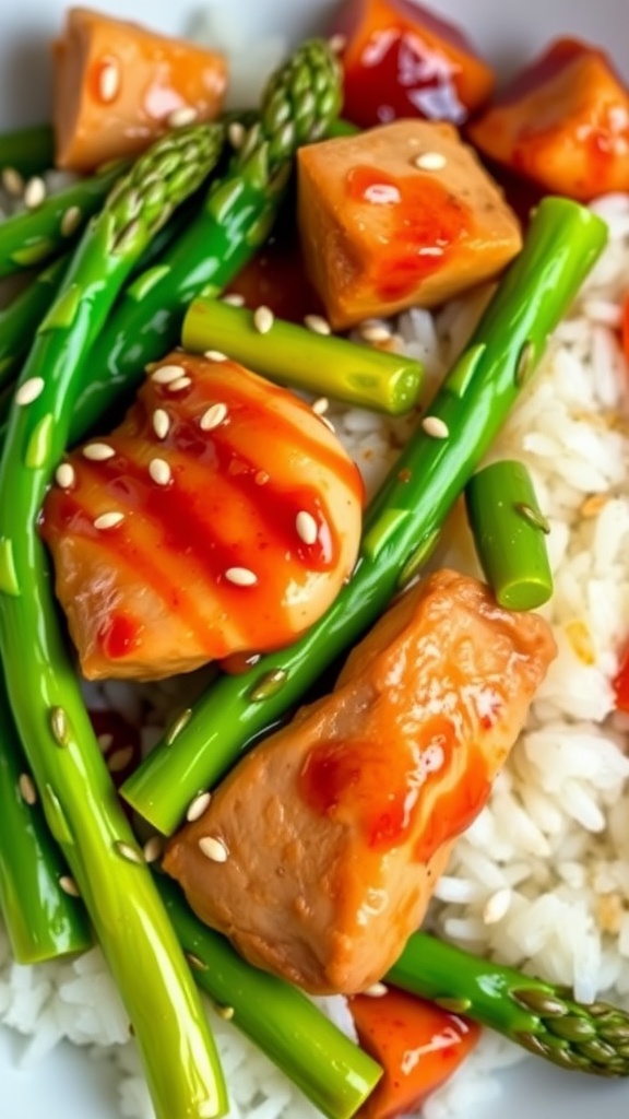 A plate of pork and asparagus stir-fry with pork slices and asparagus on rice, garnished with sesame seeds.
